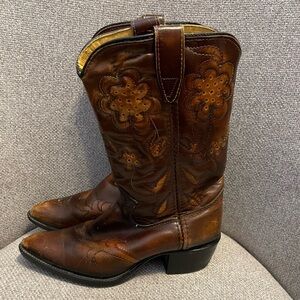 TEXAS BRAND- vintage Brown DISTRESSED Leather FLORAL INLAY Cowboy Boots size 4D